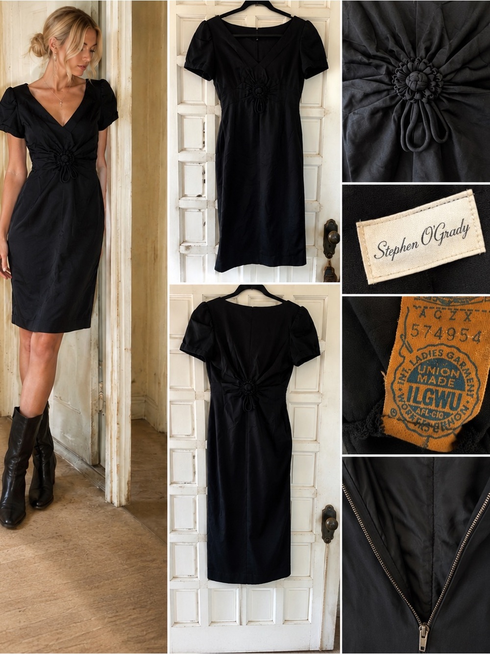 Vintage Stephen O’Grady Black Cocktail Midi Dress Puff Sleeve Union Made ILGWU